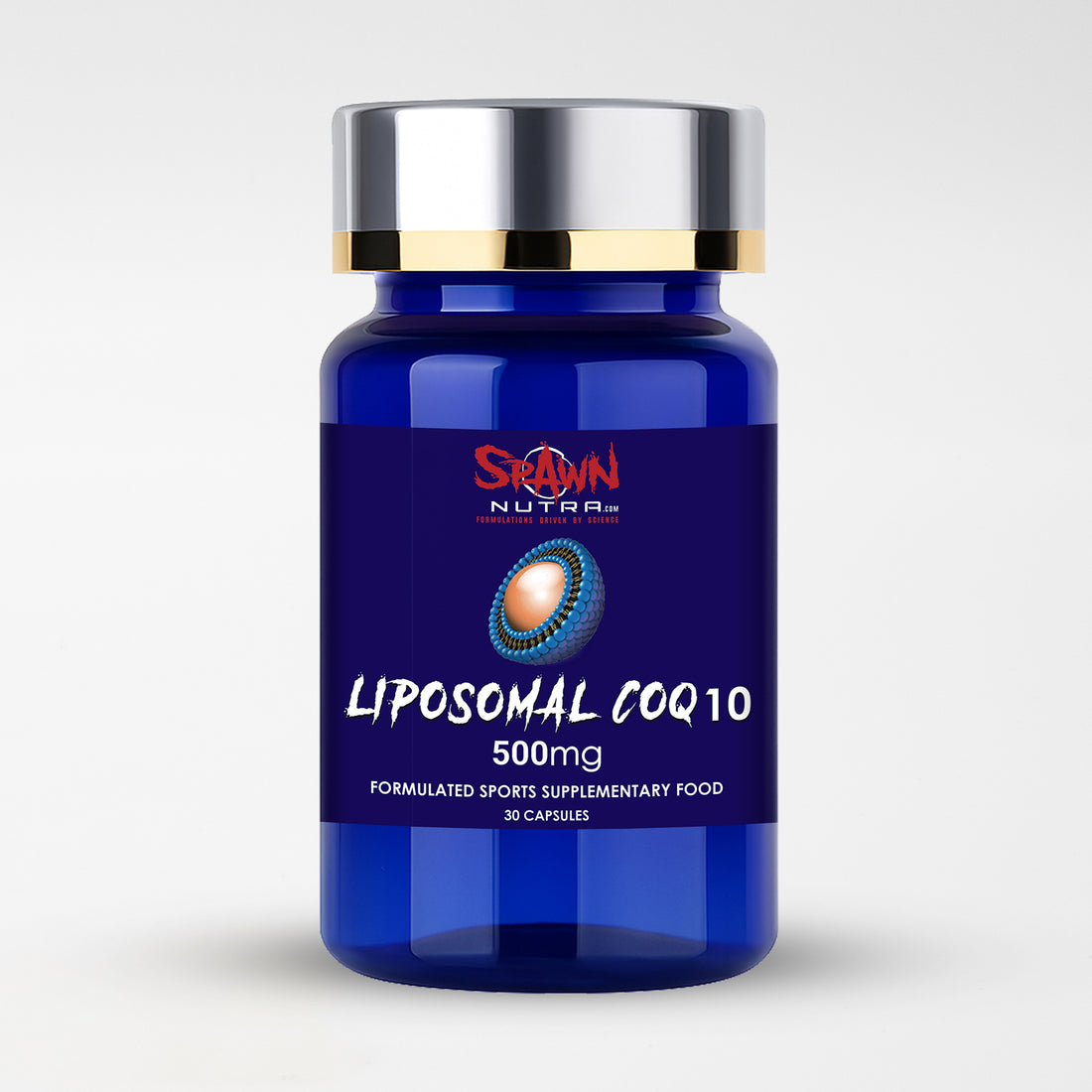 Liposomal CoQ10 500mg supplement bottle with 30 capsules for enhanced absorption formula.