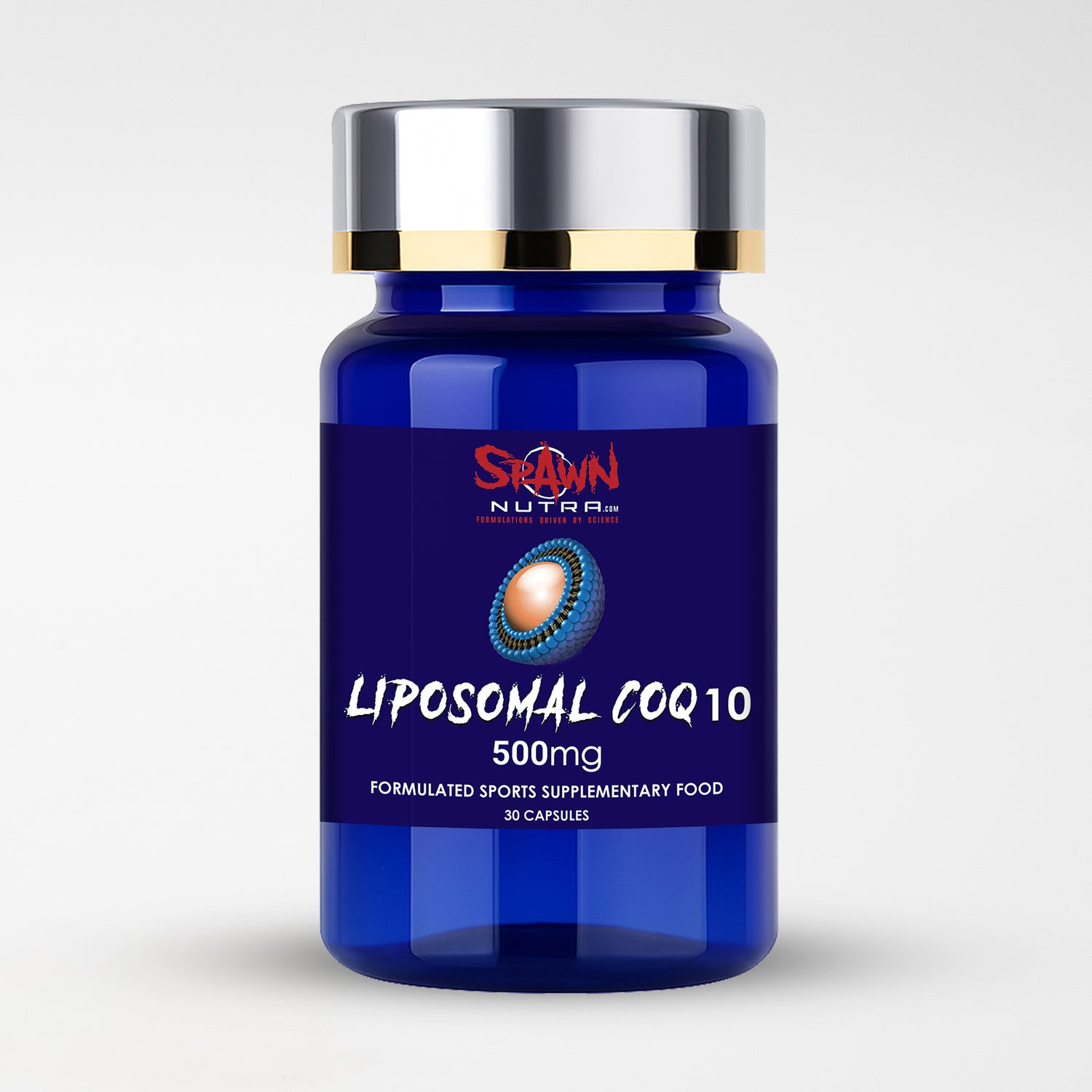 Liposomal CoQ10 500mg supplement bottle with 30 capsules for enhanced absorption formula.