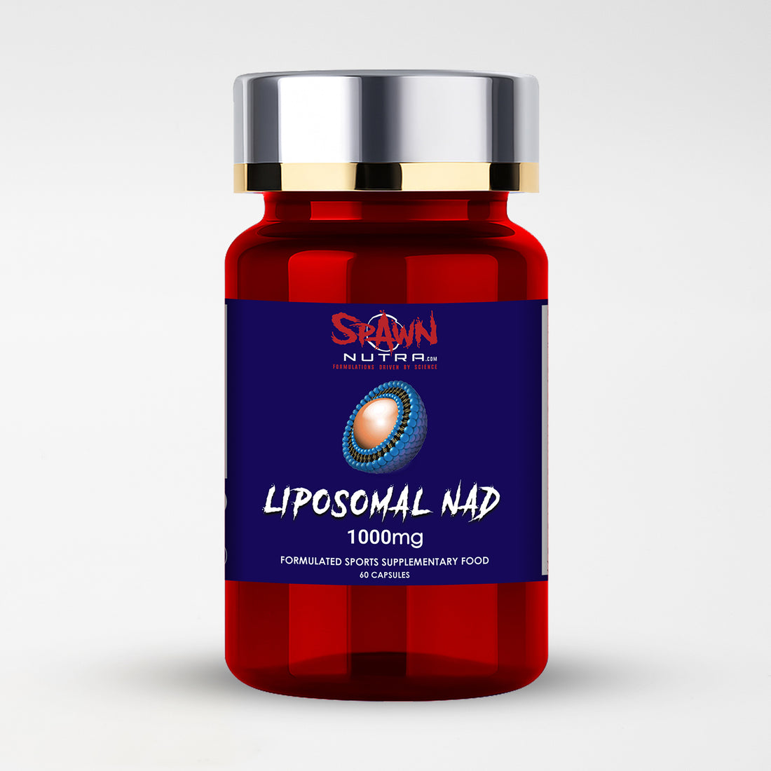 Liposomal NAD+ supplement bottle with 1000mg, offering cellular energy support in 60 capsules.