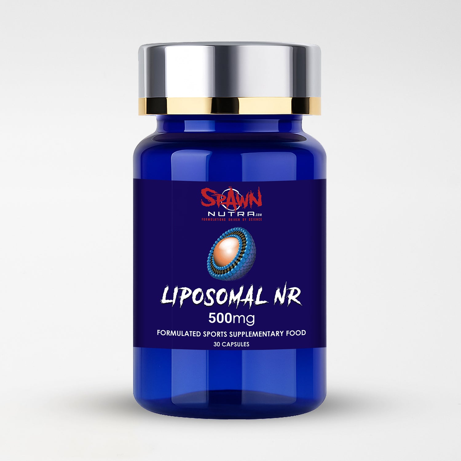 Bottle of Liposomal Nicotinamide Riboside (NR) 500mg, a sports supplementary food with 30 capsules.